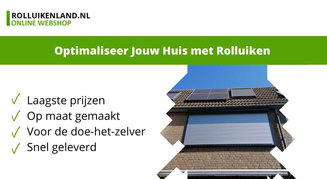 Deze afbeelding toont een duurzame woning, voorzien van zonnepanelen en moderne rolluiken. De tekst roept op tot het optimaliseren van een woning met rolluiken.