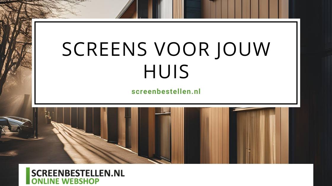 afbeelding toont een rij met moderne huizen, die voorzien zijn van screen zonwering. Er staat een titel op van het blogbericht van screenbestellen.nl