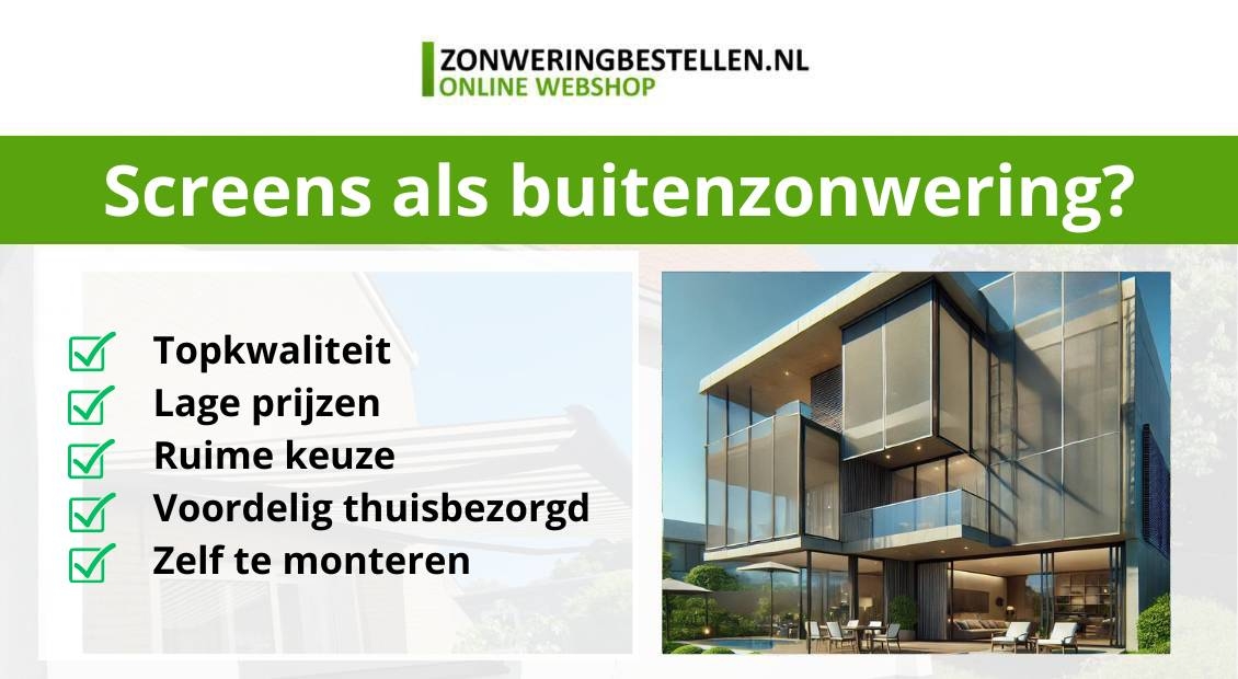 Een breedbeeld van een huis met verschillende soorten buitenzonwering, waaronder screens. Het huis is modern, met grote ramen en een strak design. De zonnescreens zijn zowel op de begane grond als op de bovenverdieping te zien, waarbij een heldere blauwe lucht en een goed onderhouden tuin de afbeelding compleet maken.