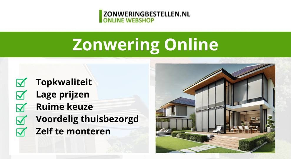 Deze afbeelding toont een moderne woning met grote ramen met screen zonwering. Ook bevat deze afbeelding de tekst met zonwering online