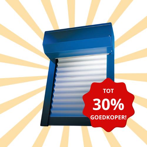 afbeelding van een rolluik met een tekst die aangeeft dat rolluiken prijzen 30% goedkoper kunnen.